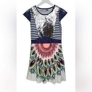 Desigual girls peacock print sequined dress age 13-14